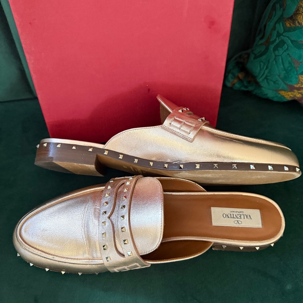 Valentino Metallic Rose Gold Studded Leather Loafer Mules